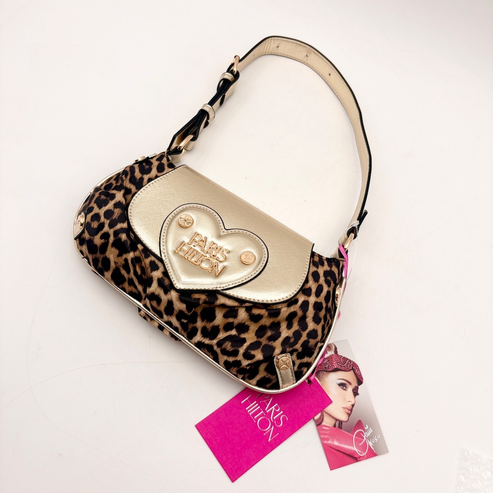 Paris Hilton Leopard Print Gold Heart Logo Shoulder Bag Baguette Y2K NEW - Picture 4 of 10